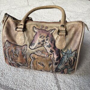 Vintage Hand-Painted Leather Satchel Safari Animals Emily Ann of Boca Raton